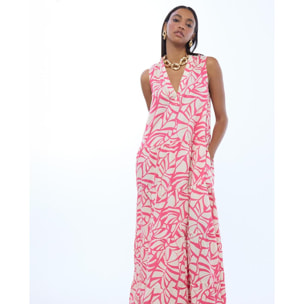 Abito voluminoso con scollo a V e stampa a foglie