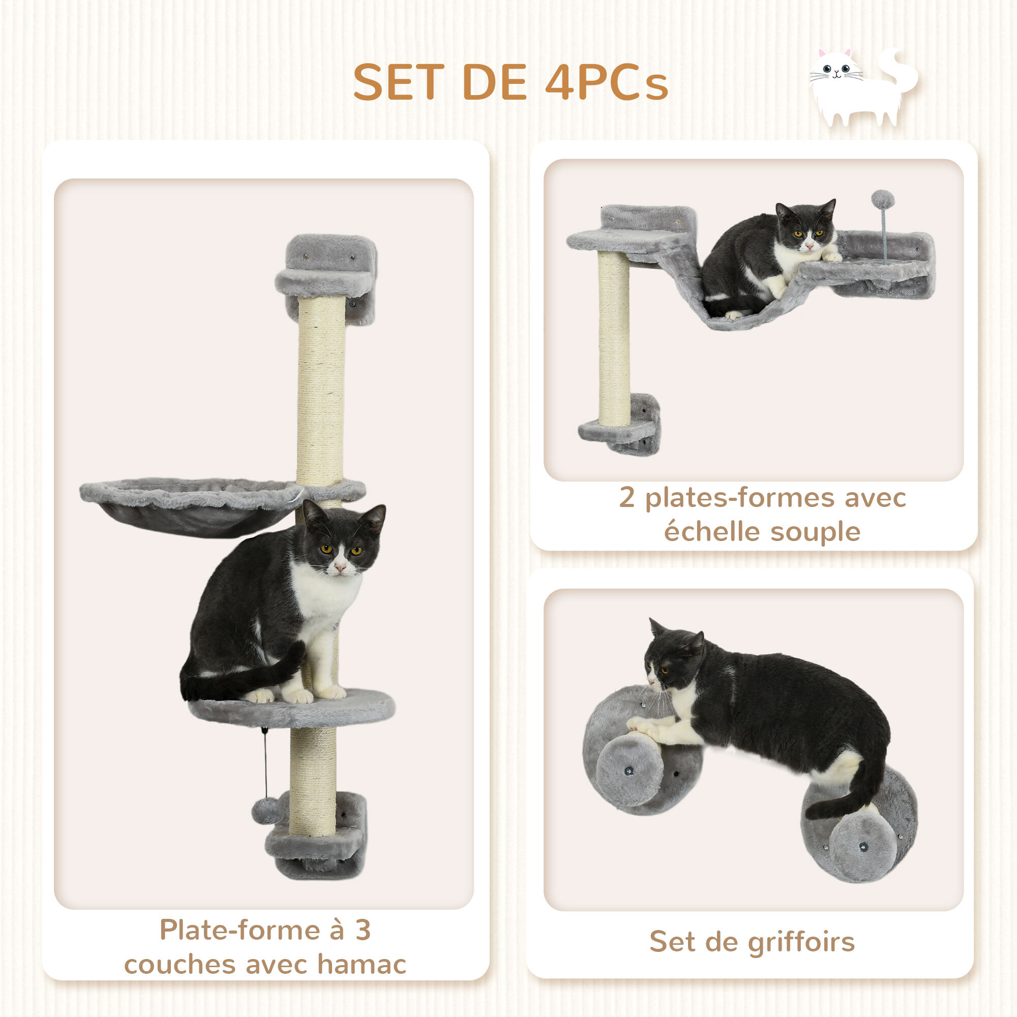 Mur d'escalade pour chat - arbre à chat design mural - griffoirs, plateformes, panier, hamac, jeux boules - gris