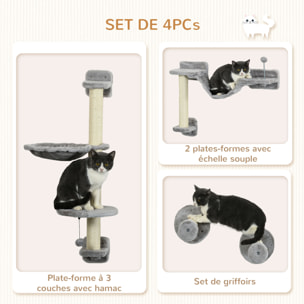 Mur d'escalade pour chat - arbre à chat design mural - griffoirs, plateformes, panier, hamac, jeux boules - gris