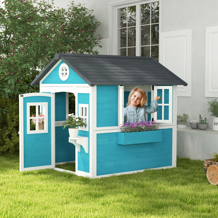 Casa de Jardín Infantil Casa de Madera para Niños con Puerta Ventanas Jardineras y Soportes de Flores 114x126,4x135 cm Azul