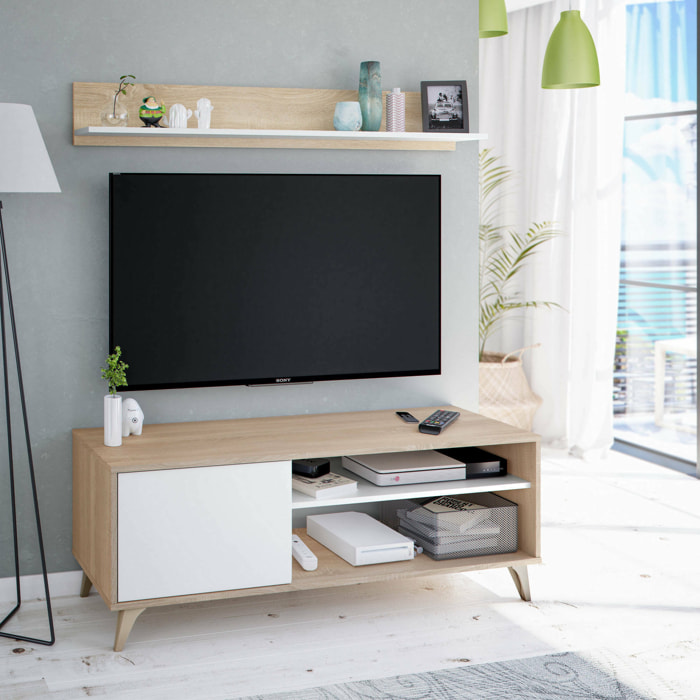 Mobile porta TV Mesa, Credenza per televisione da soggiorno con 1 anta, Supporto TV da salotto, Madia di design, cm 135x40h50, Rovere