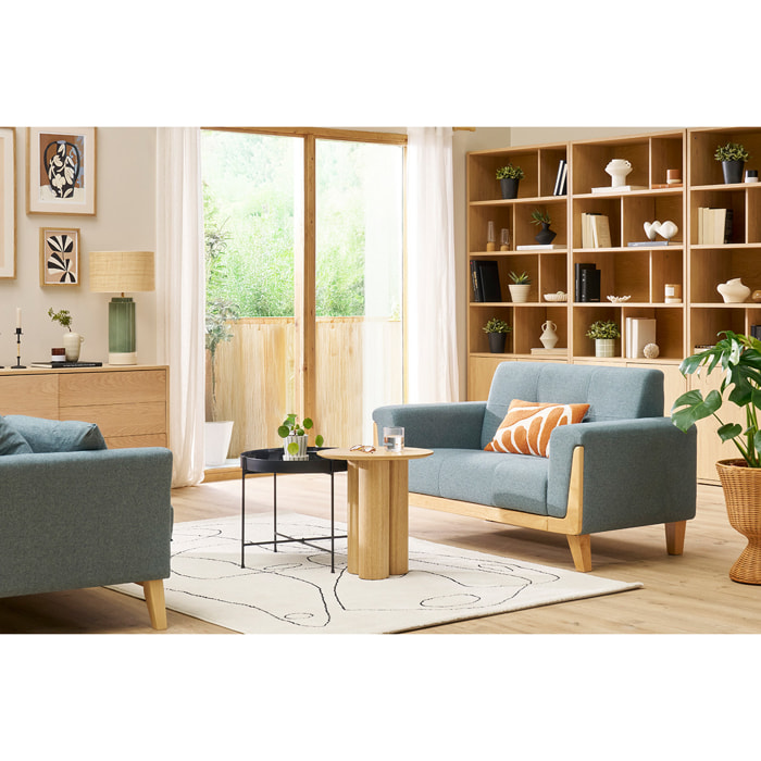 Canapé scandinave 2 places en tissu vert de gris et bois clair FJORD