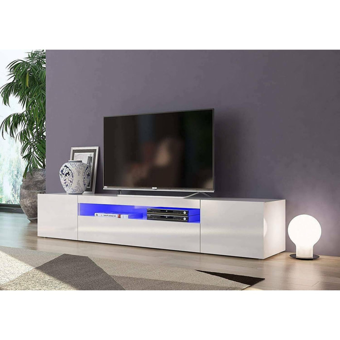 Mobile porta TV Amore, Credenza bassa da soggiorno a 3 ante, Base porta televisione, 100% Made in Italy, cm 200x40h37, Bianco lucido, con luce LED