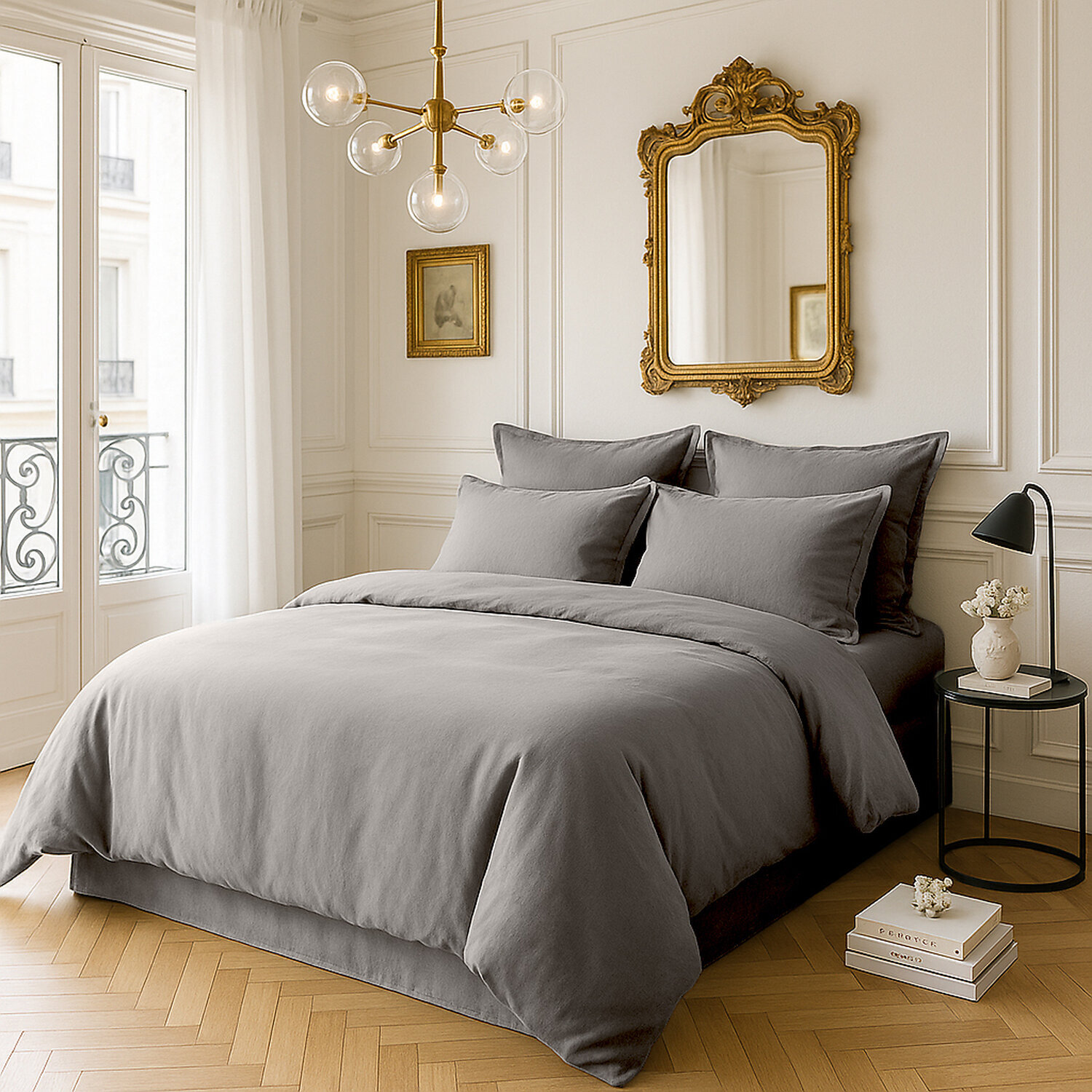 Drap Housse - Bonnet:30cm 100% Satin De Coton lavé 105 Fils Gris Clair