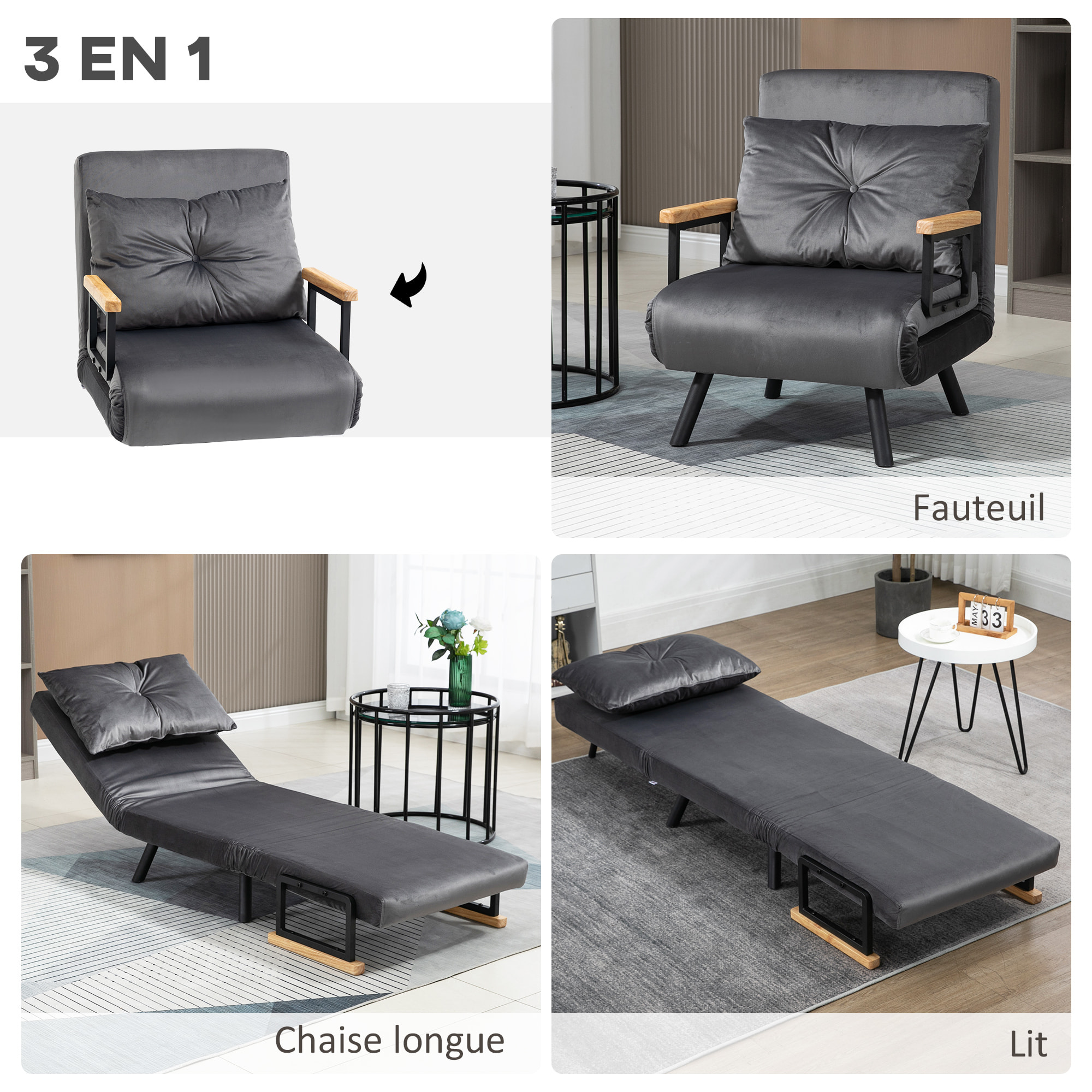 Fauteuil convertible 3 en 1 chauffeuse lit dossier réglable coussin accoudoirs bois velours anthracite