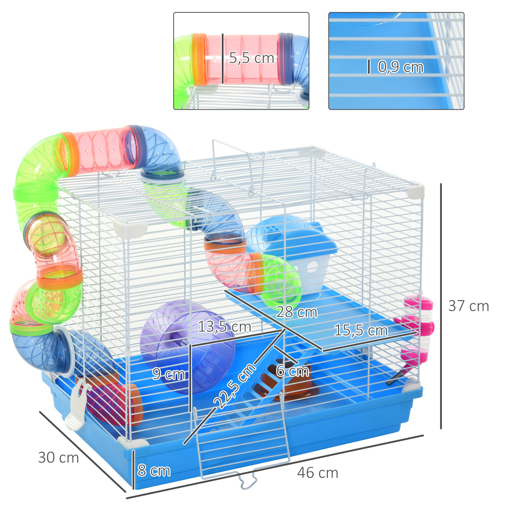 Cage à hamster rongeur 2 niveaux avec tunnel, biberon eau, roue, maisonnette, échelles - dim. 46L x 30l x 37H cm - métal blanc PP bleu