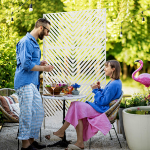 Biombo de Exterior Separador de Ambientes con 3 Piezas Patrón de Triángulo Invertido con Marco de Acero Pantalla de Privacidad para Patio Terraza Jardín 122x45x198 cm Blanco