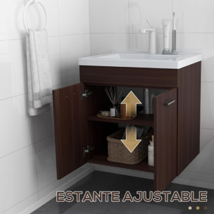 Mueble de Baño con Lavabo Cerámico Armario Bajo de Lavabo de Pared con 2 Puertas y Estante Ajustable Acabado Melamina 60x45,5x60 cm Marrón