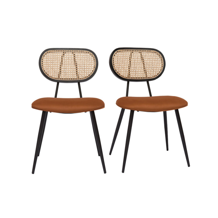 Chaises design en velours terre brûlée, métal noir et cannage rotin naturel (lot de 2) TOLMA