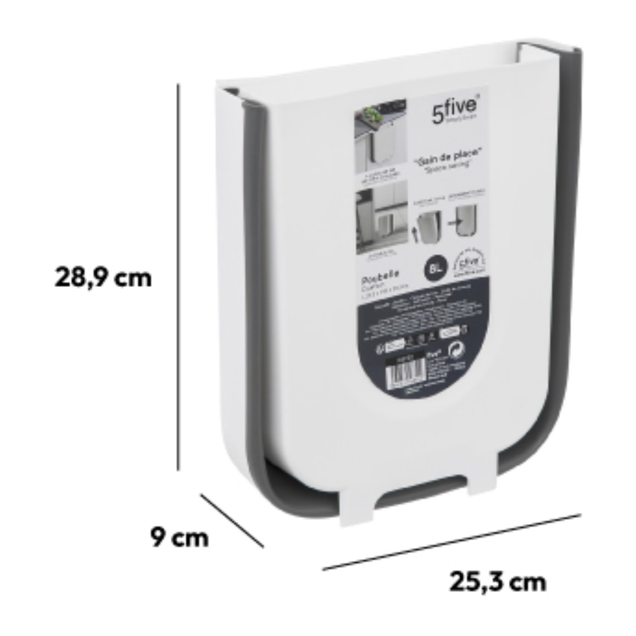 Papelera retráctil de 8 litros, blanco y gris