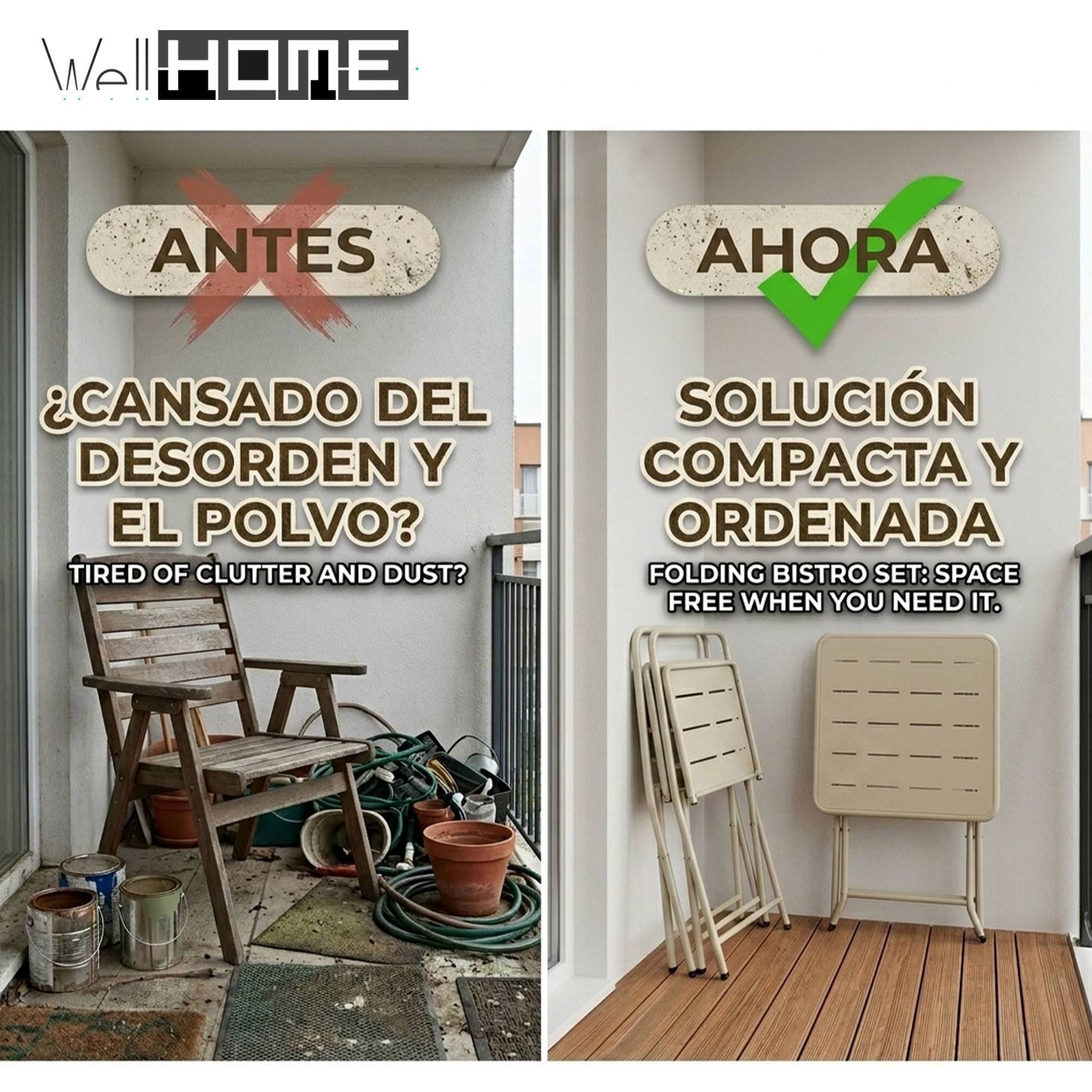 Set bistro 3pzs acero beige mate (mesa 60x60cm + 2 sillas plegables) estructura con recubrimiento en polvo-conjunto jardín, terraza y balcón