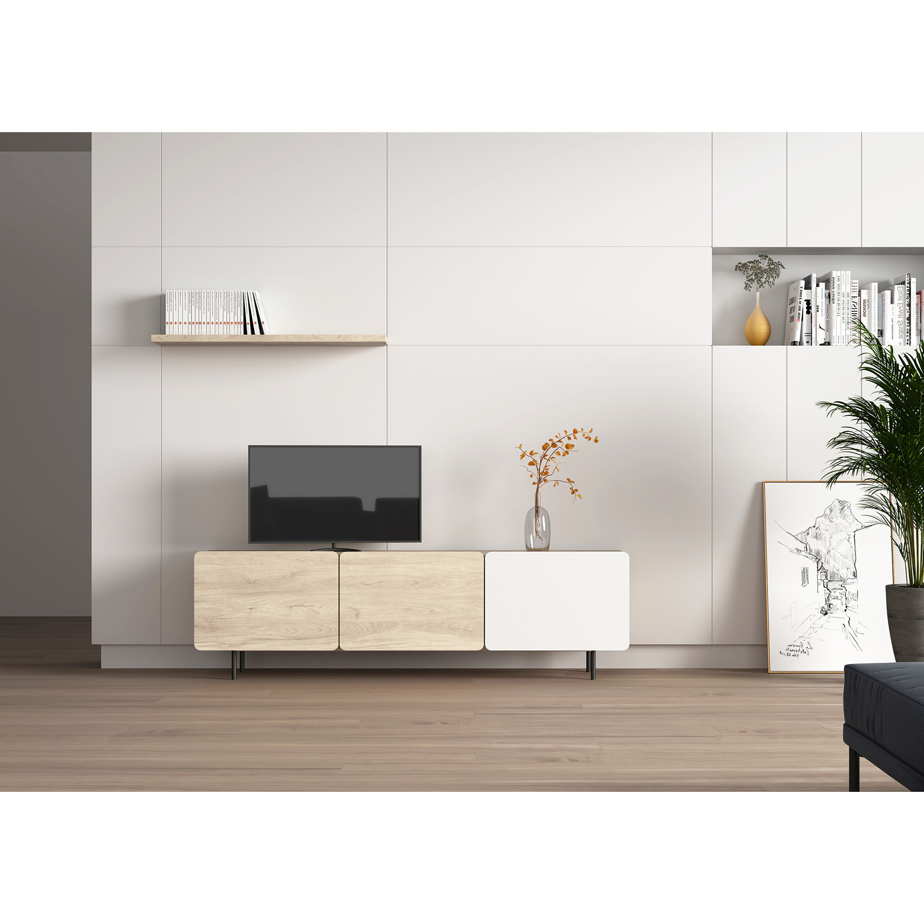 Bajo tv 3 puertas Biscuit roble-blanco 54x180x44 cm