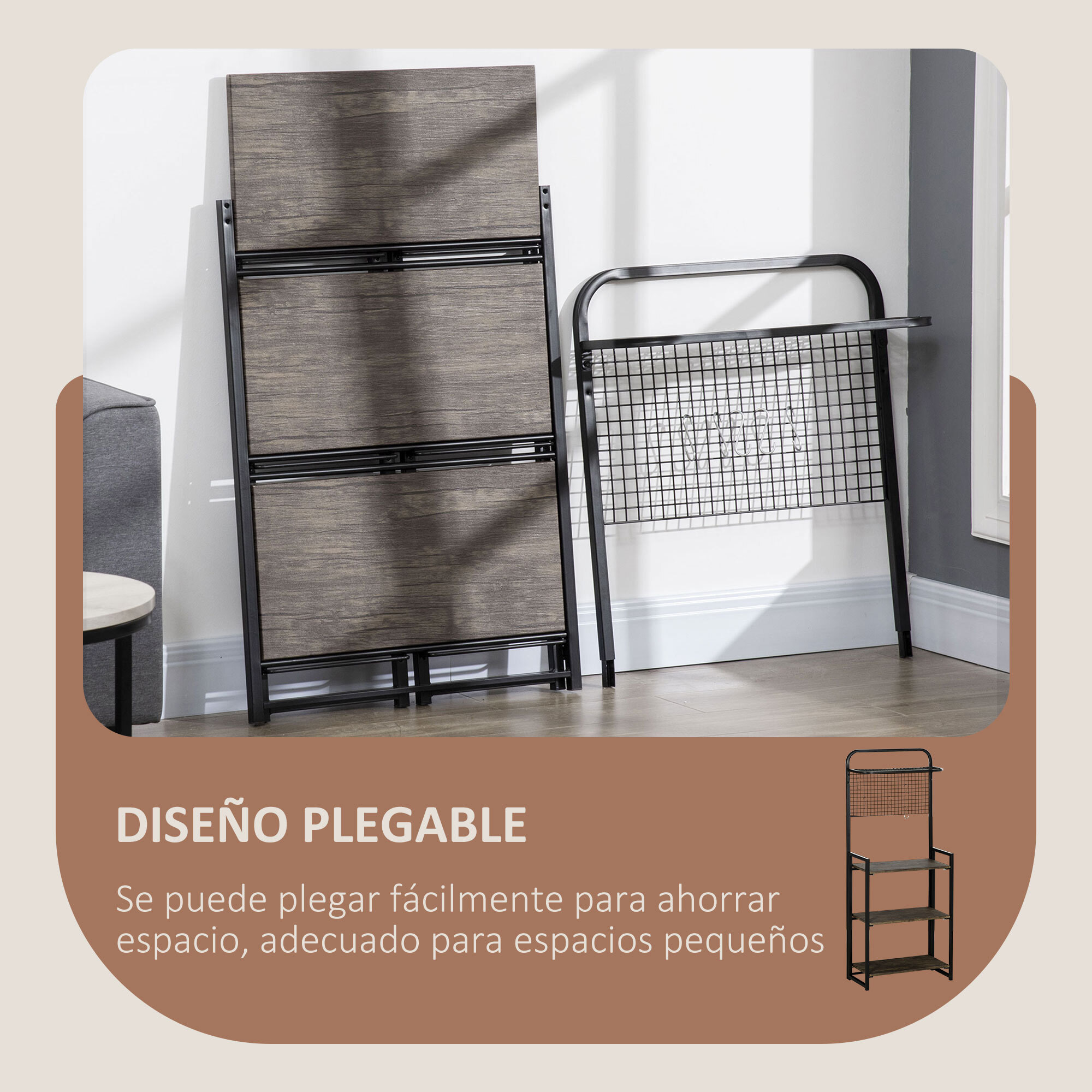 HOMCOM Estante de Cocina Plegable de 4 Niveles Estantería para Microondas con 5 Ganchos Antivuelco para Salón Oficina Comedor 60x30x150 cm Negro