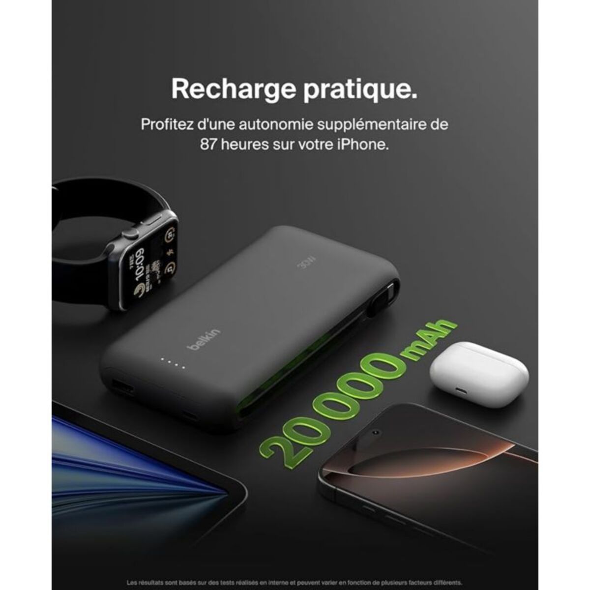 Batterie externe BELKIN 20000 mAh avec cable USB-C intégre noir