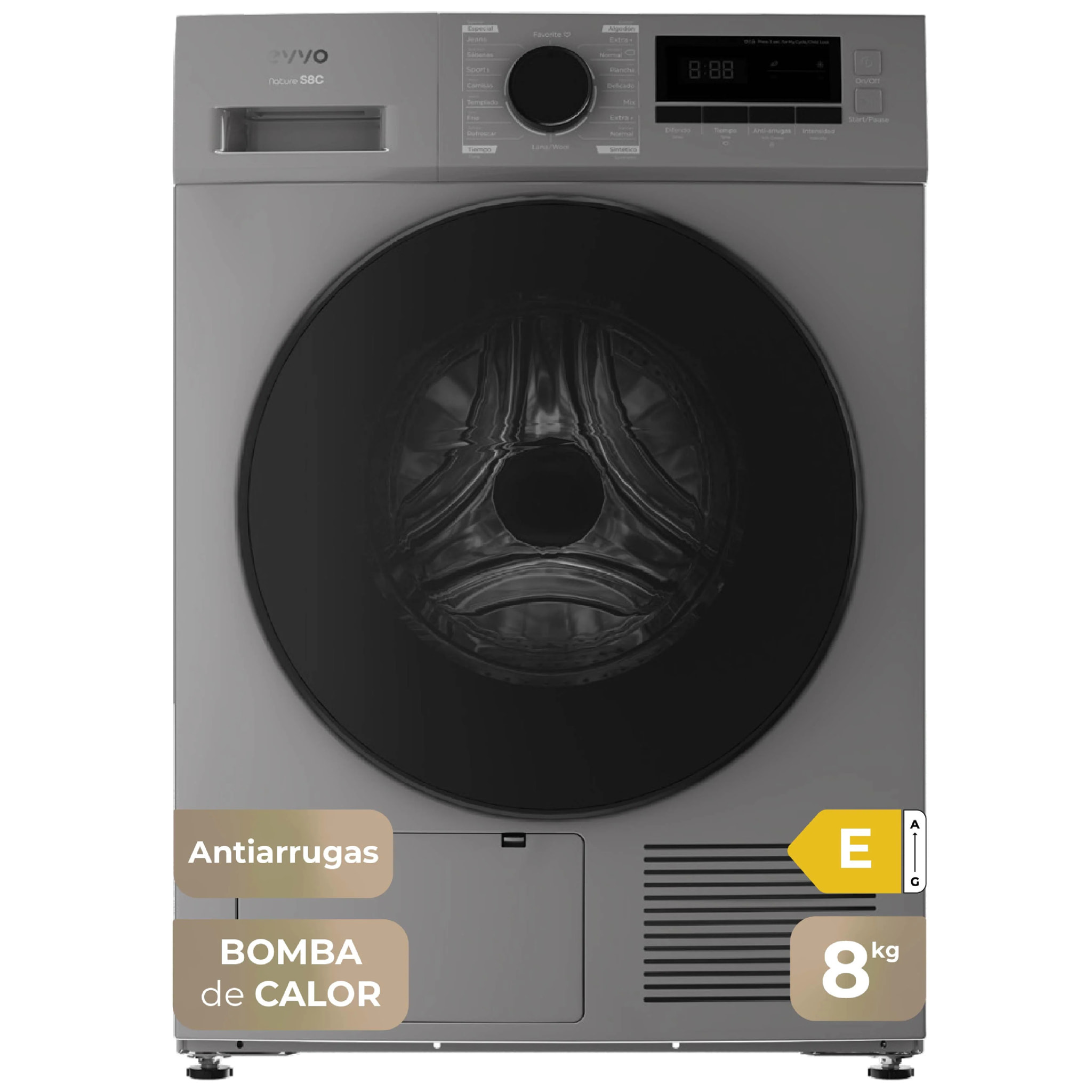 EVVO Secadora 8 kg bomba de calor S8, Clase energética E, Airfresh, Sensor de humedad, Antiarrugas, Inicio diferido, inox