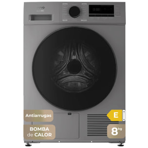 EVVO Secadora 8 kg bomba de calor S8, Clase energética E, Airfresh, Sensor de humedad, Antiarrugas, Inicio diferido, inox