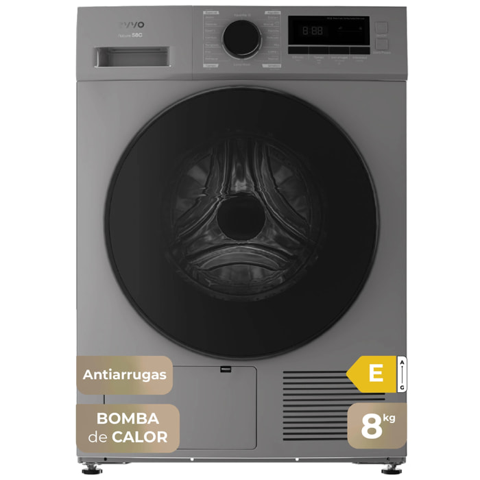 EVVO Secadora 8 kg bomba de calor S8, Clase energética E, Airfresh, Sensor de humedad, Antiarrugas, Inicio diferido, inox