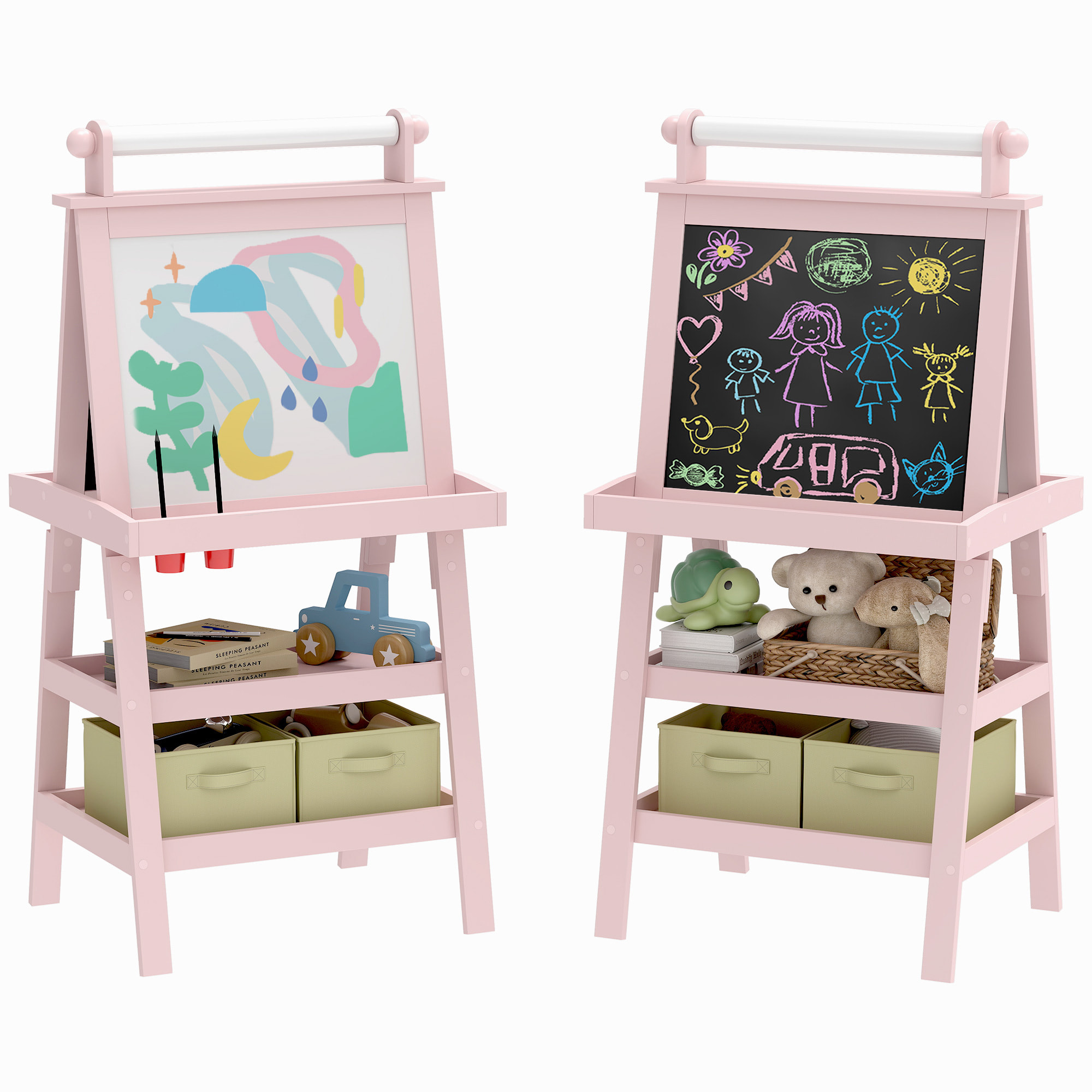 Pizarra Infantil Caballete 3 en 1 Pizarra Infantil de Doble Cara Magnética Caballete de Pintura para Niños con Rollo de Papel y Cestas de Almacenamiento 59x48x118 cm Rosa Palo