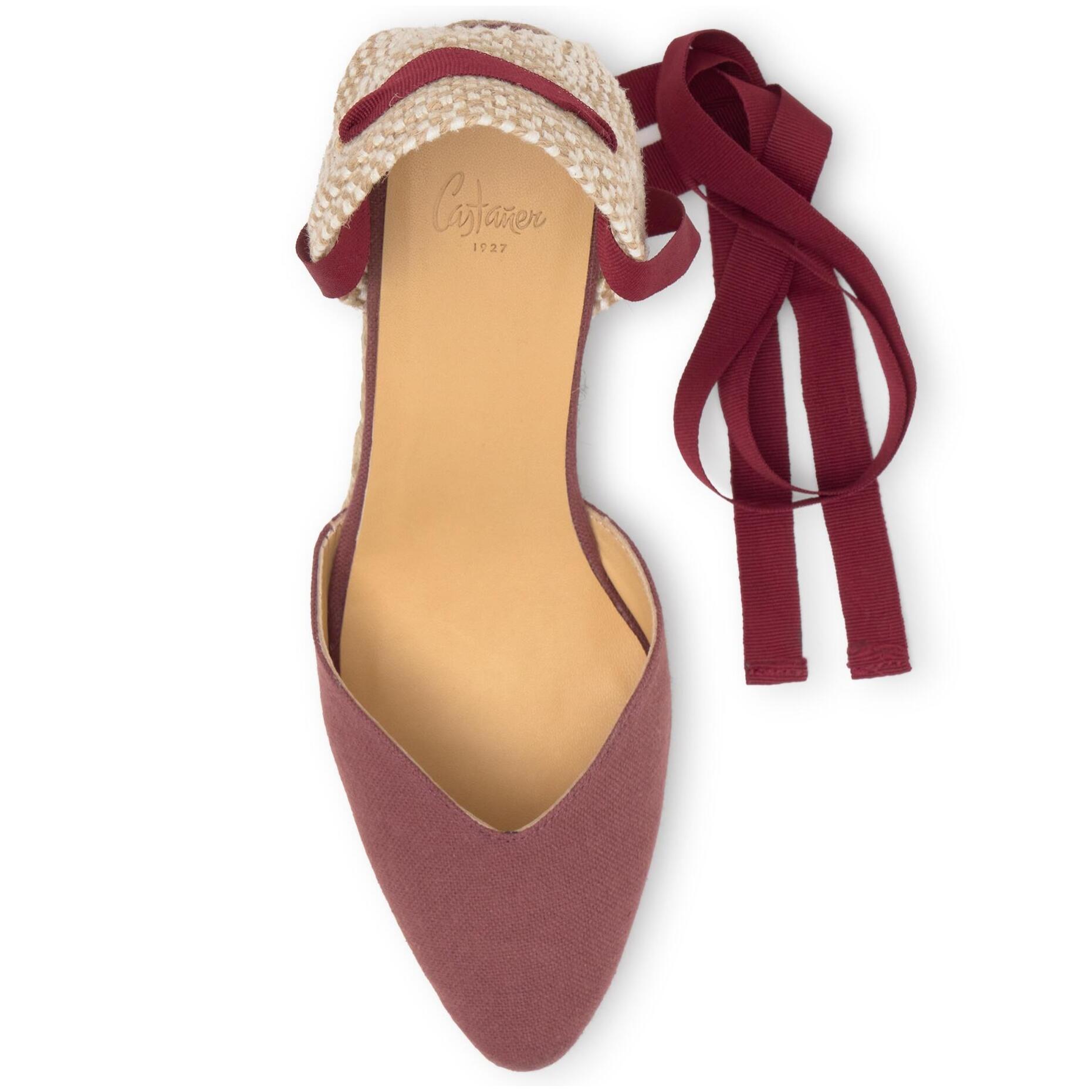 Alpargata Jud cuña de yute geométrica en lino con lazo, escote en V y punta afilada