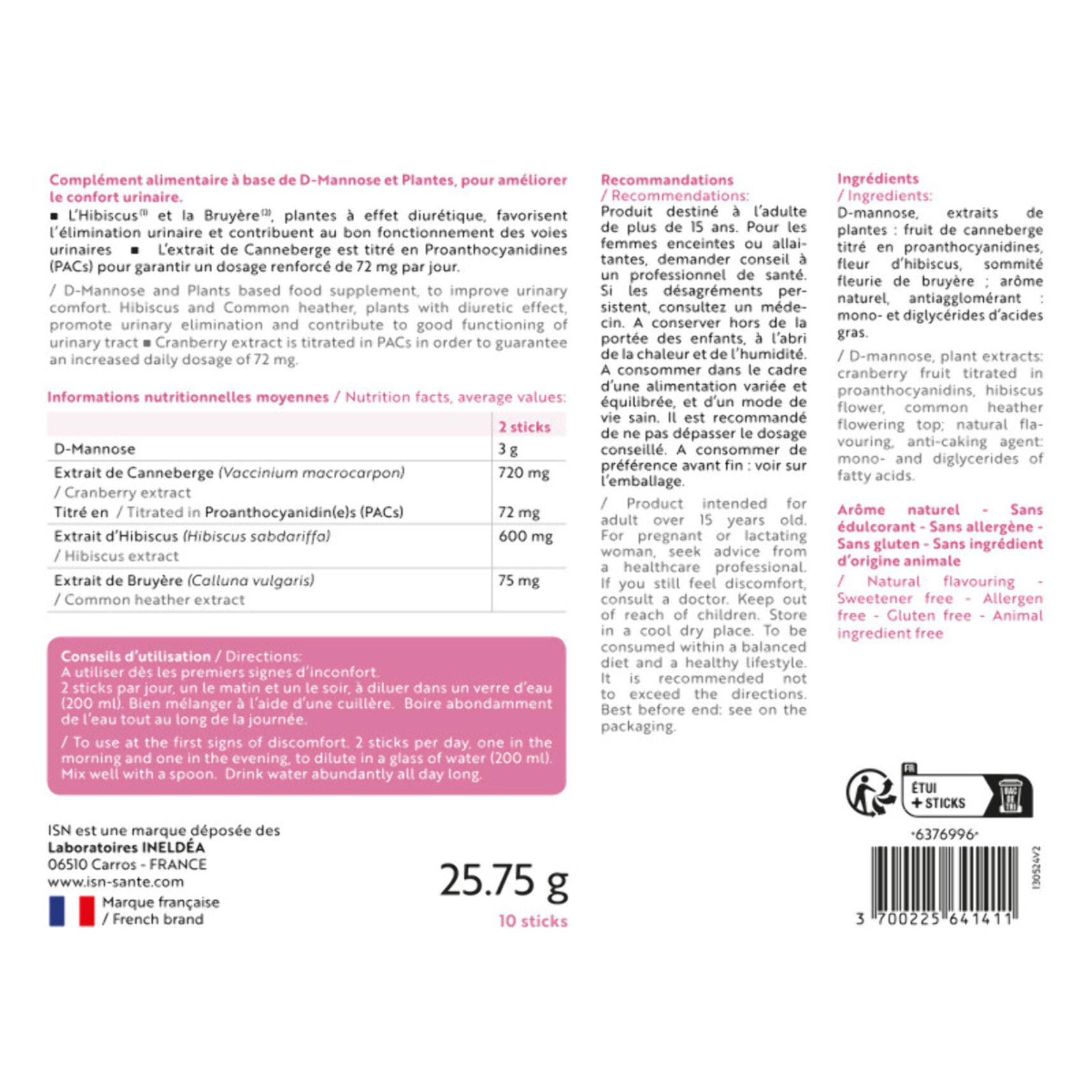 ISN - Cystinil Flash - Complément alimentaire à base de Cranberry, Hibiscus, Bruyère - Améliore le confort urinaire - Etui de 10 sticks - Cure 5 jours