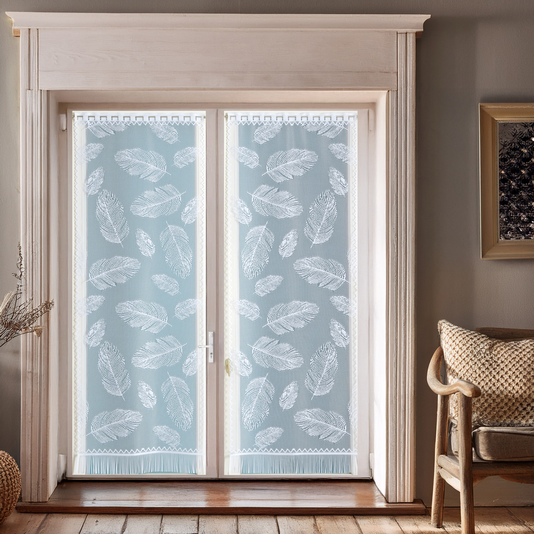 Paire de vitrages frangés en dentelle motif plumes - Blanc