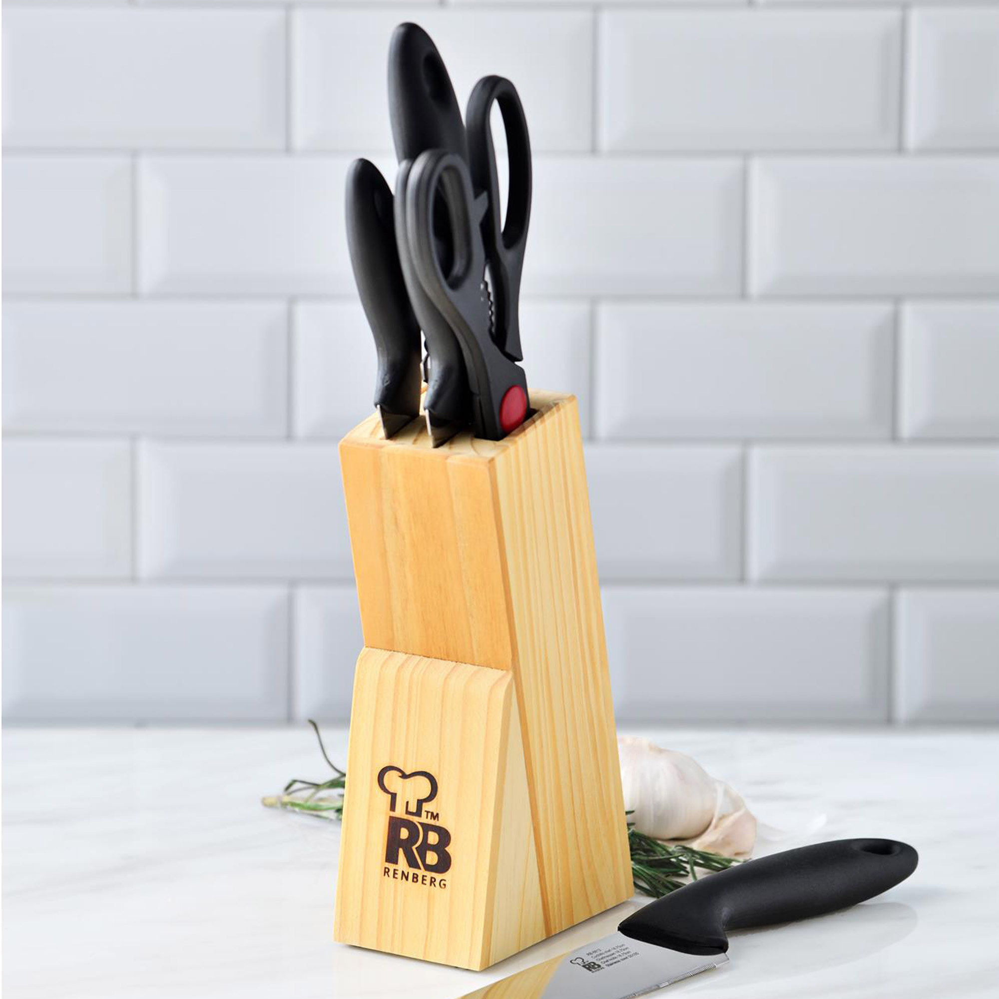 RENBERG Dresde Juego de Cuchillos 6 Piezas con Bloque de Madera, Acero Inoxidable, Color Negro