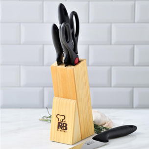 RENBERG Dresde Juego de Cuchillos 6 Piezas con Bloque de Madera, Acero Inoxidable, Color Negro