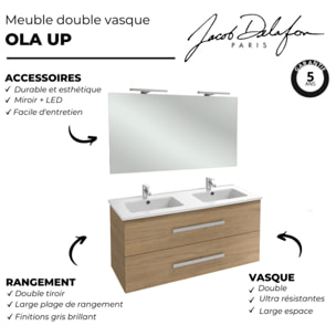 Meuble double vasque 120 cm Ola Up chêne colorado avec miroir et spot