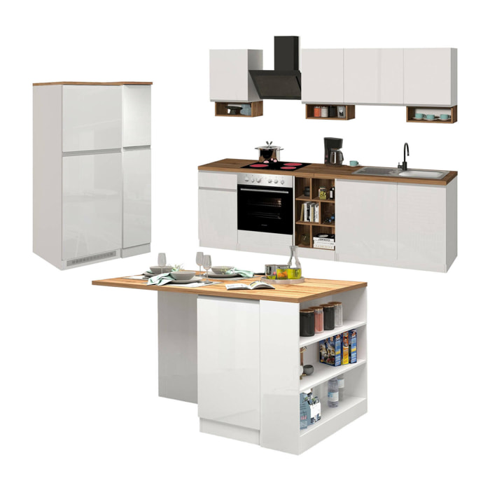 Cucina completa Daquilant, Set da cucina modulabile, Cucina componibile con più elementi, 100% Made in Italy, Bianco lucido e Rovere