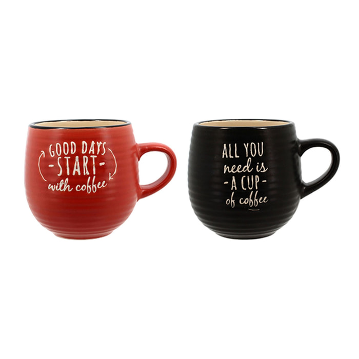 Lot de 6 mugs en grès - 3 couleurs assorties 35cl PAUSE CAFE