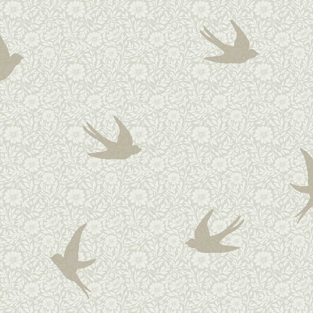 Papier peint hirondelles florales fond lin clair