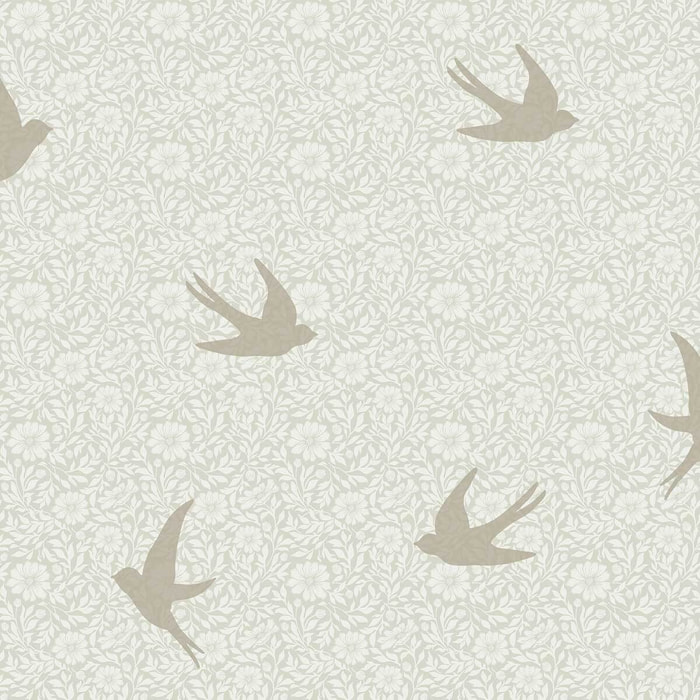 Papier peint hirondelles florales fond lin clair