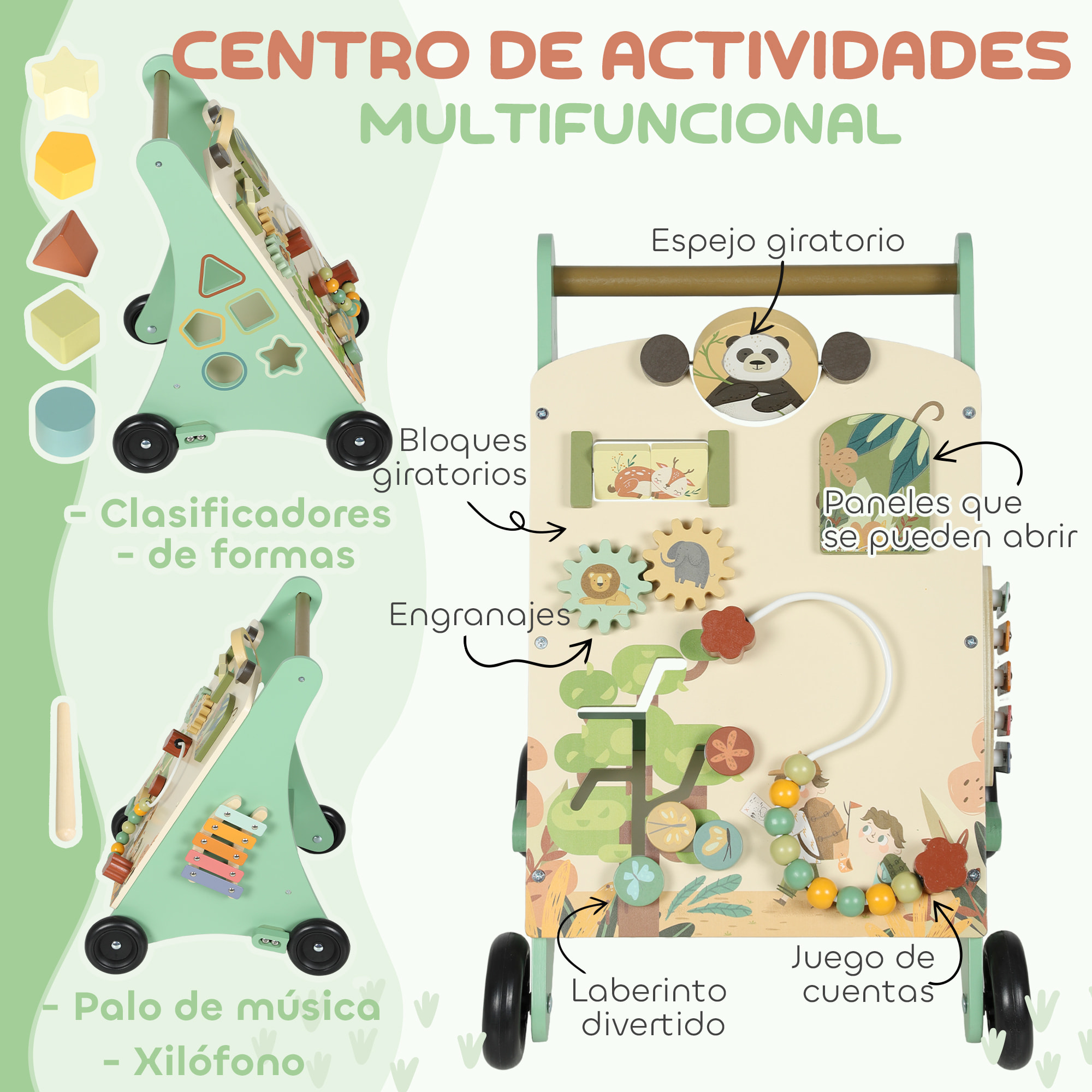 Andador Madera Bebé, Juguete de Andador, Centro de Actividades de Aprendizaje Montessori Control de Velocidad, con Xilófono, Engranajes, Laberinto, Cuentas, Para Niños de +18 Meses, Verde
