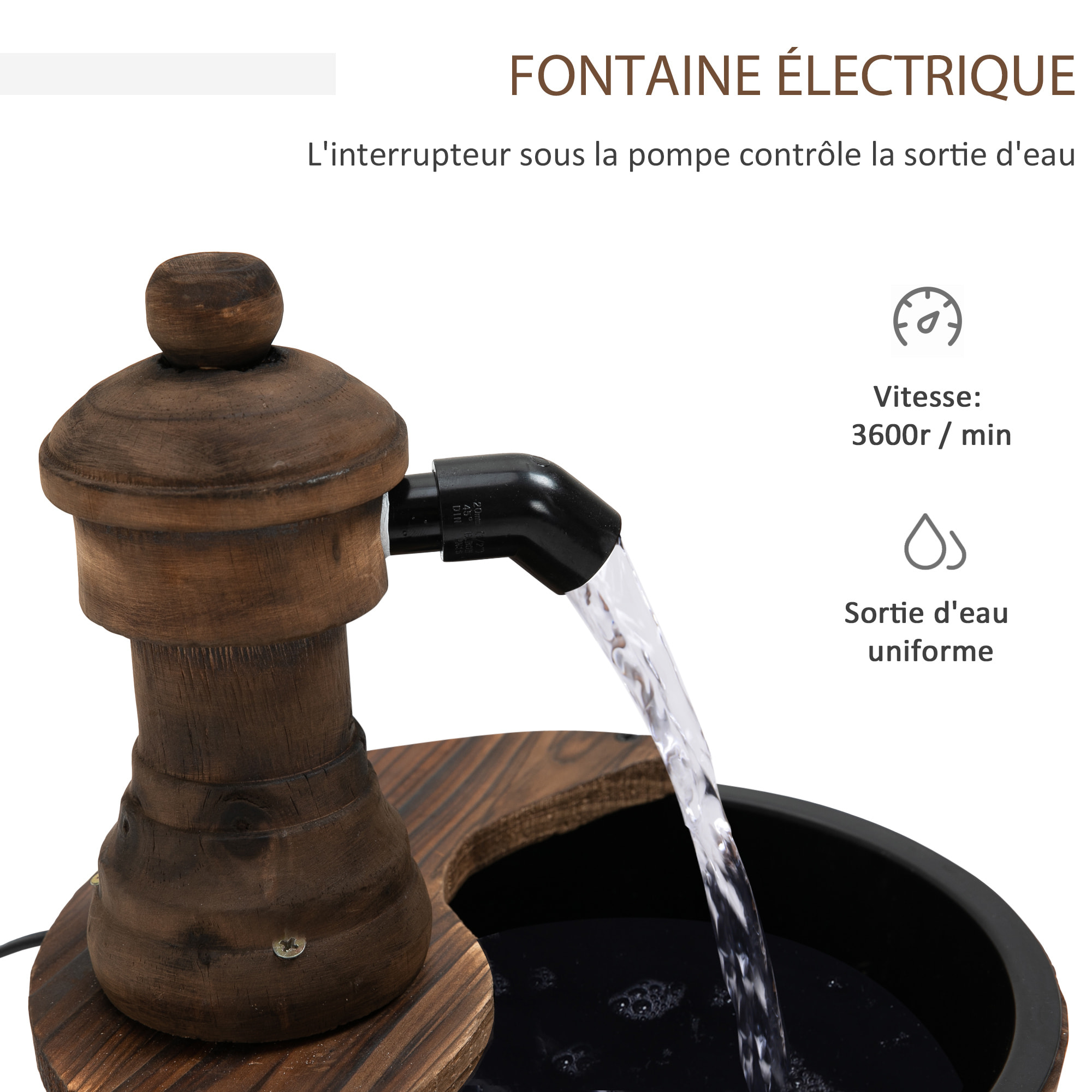 Fuente de Agua de Madera Fuente de Jardín en Cascada con Bomba Eléctrica y Salida de Agua Ajustable para Decoración Patio Terraza 27x27x37 cm Natural