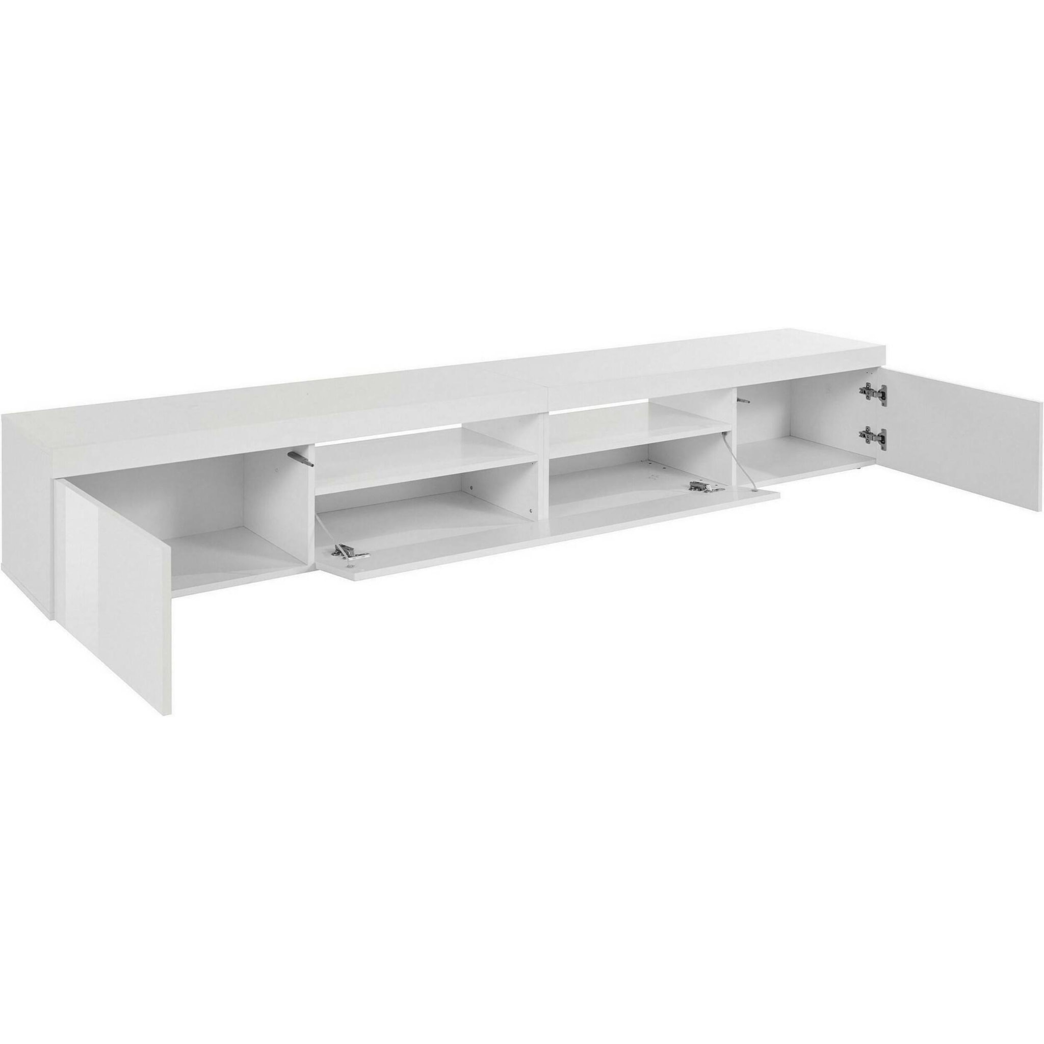 Mobile porta TV Dconsigl, Credenza bassa da soggiorno a 3 ante, Base porta TV, 240x40h35 cm, Bianco lucido