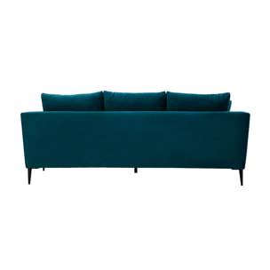 Canapé design 3 places en tissu velours bleu pétrole et métal noir JERRY
