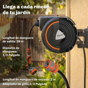 Enrollador de Manguera para Jardín 28+2 m con 12 Modos de Rociado, Carrete de Manguera de Jardín de Pared con Bloqueo Automático y Retracción Controlada, Soporte Orientable 180°, Naranja
