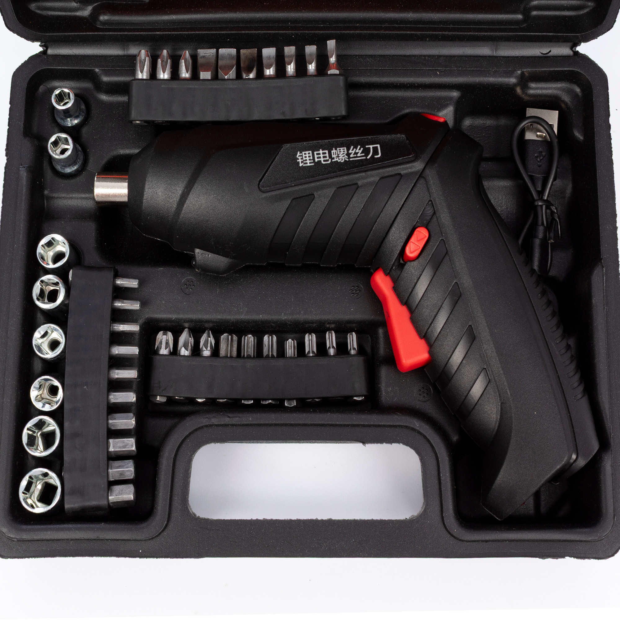 Destornillador eléctrico inalámbrico 3,5 NM y 3.6V, con caja de herramientas de 47 accesorios.