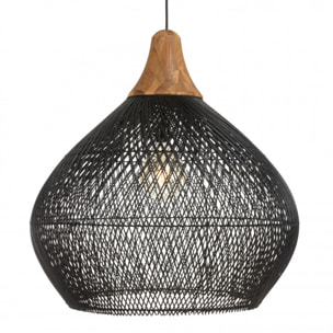 ALIDA - Suspension 'cloche' 68x68cm en rotin couleur noire et teck