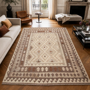 Tapis kilim au motif ethnique, tissé plat en laine naturelle