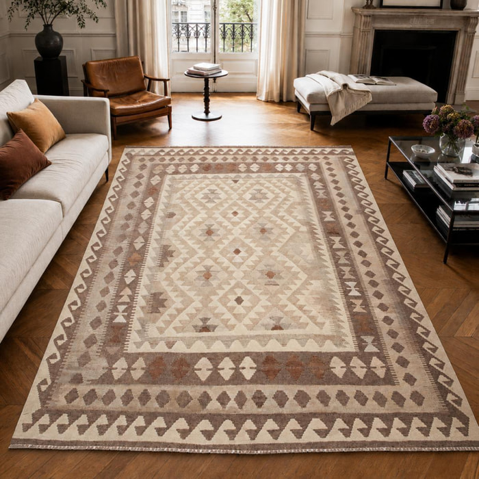Tapis kilim au motif ethnique, tissé plat en laine naturelle