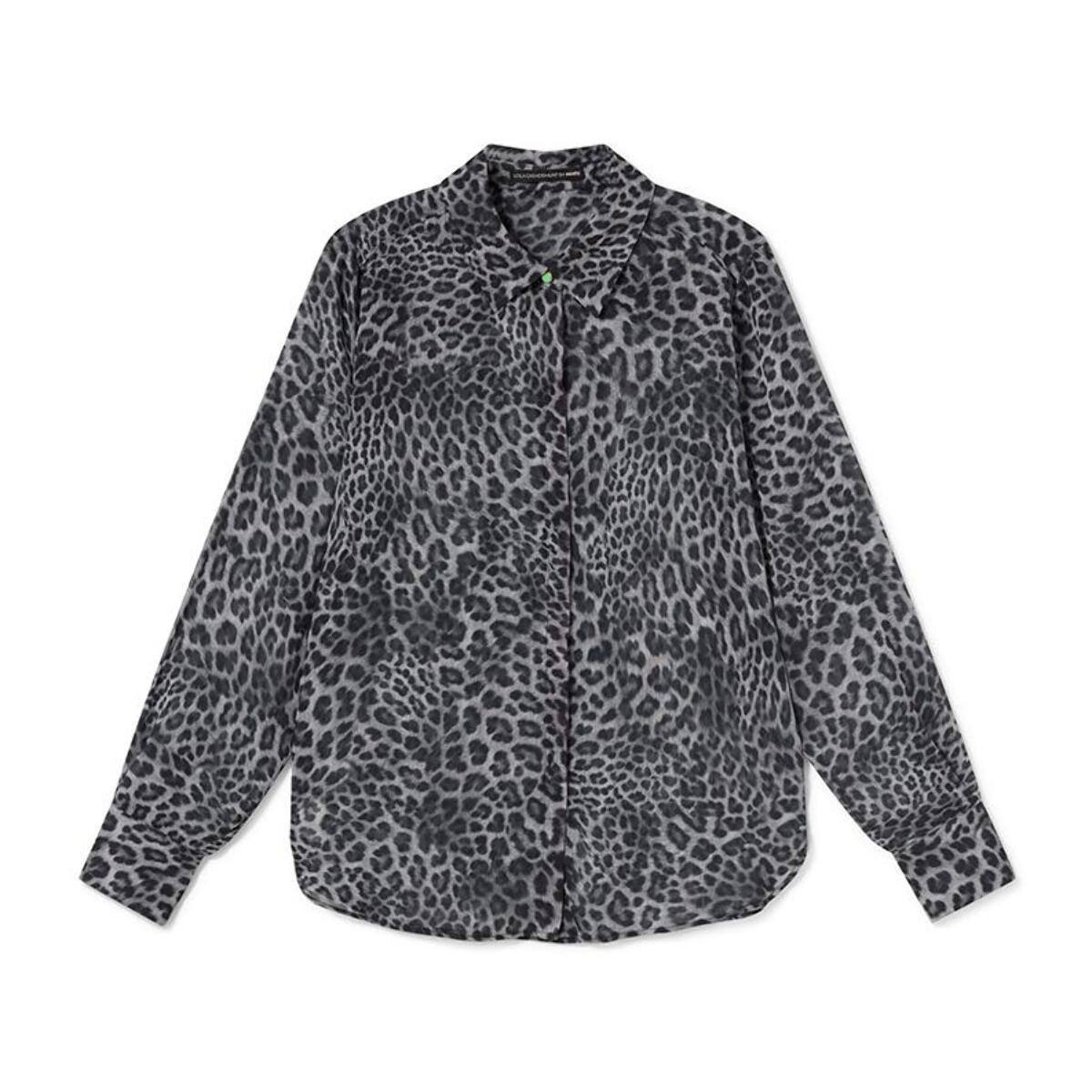 Camicia semitrasparente con stampa animalier e dettagli a contrasto