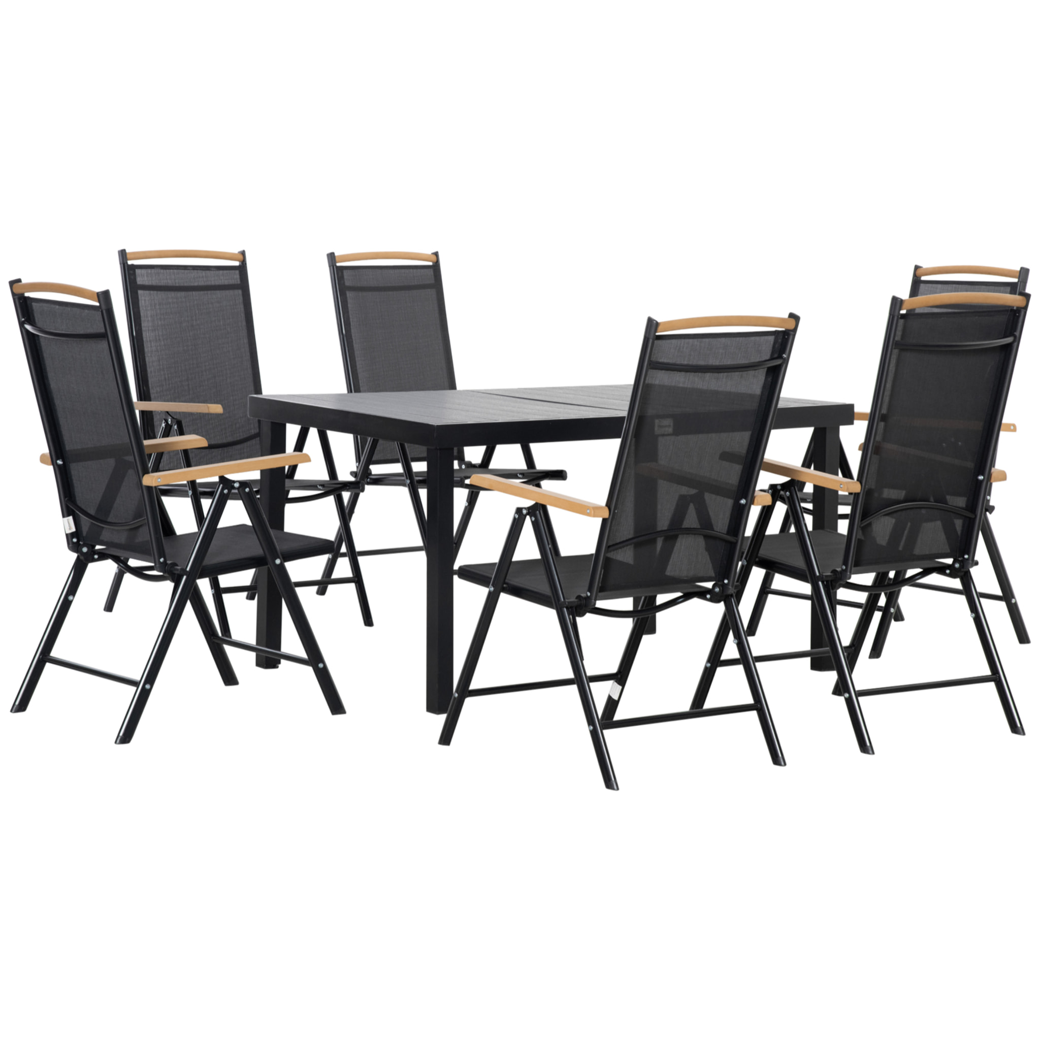 Ensemble table de jardin 6 personnes - chaises pliables inclinables accoudoirs - alu textilène noir plastique effet bois