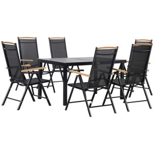Ensemble table de jardin 6 personnes - chaises pliables inclinables accoudoirs - alu textilène noir plastique effet bois