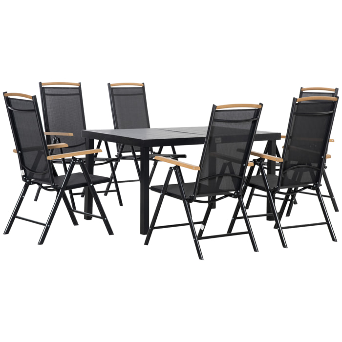 Ensemble table de jardin 6 personnes - chaises pliables inclinables accoudoirs - alu textilène noir plastique effet bois