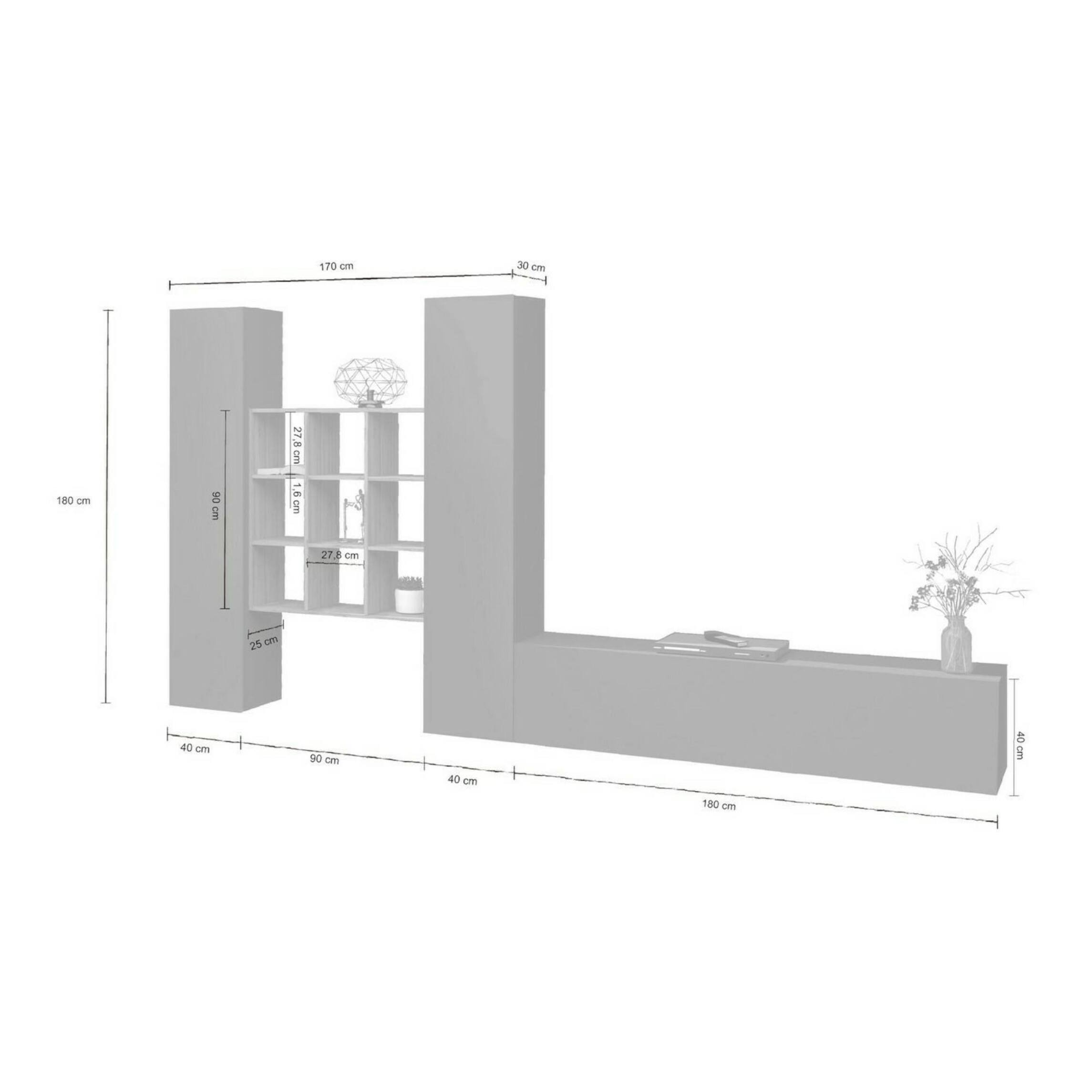 Parete attrezzata Denis, Set salotto porta TV a 3 ante, Mobile soggiorno multiuso, 100% Made in Italy, cm 270x30h180, Antracite e Acero