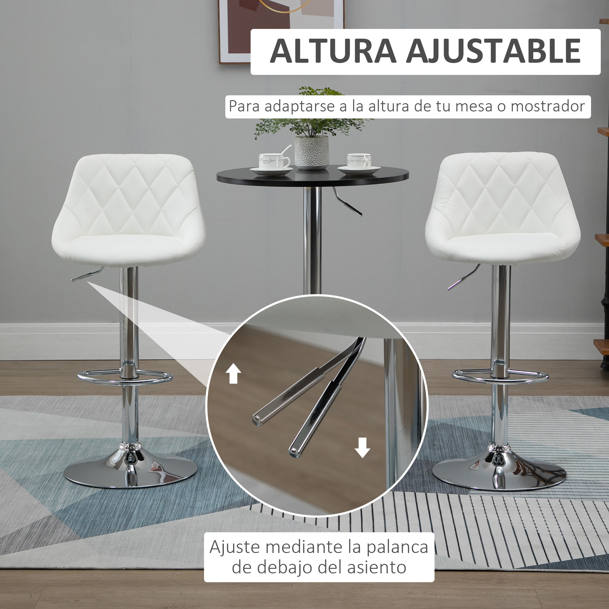 Conjunto de 2 Taburetes de Bar Giratorios con Altura Regulable Sillas Altas Modernas de Comedor con Base Redonda y Reposapiés 46x48x83-104 cm Blanco