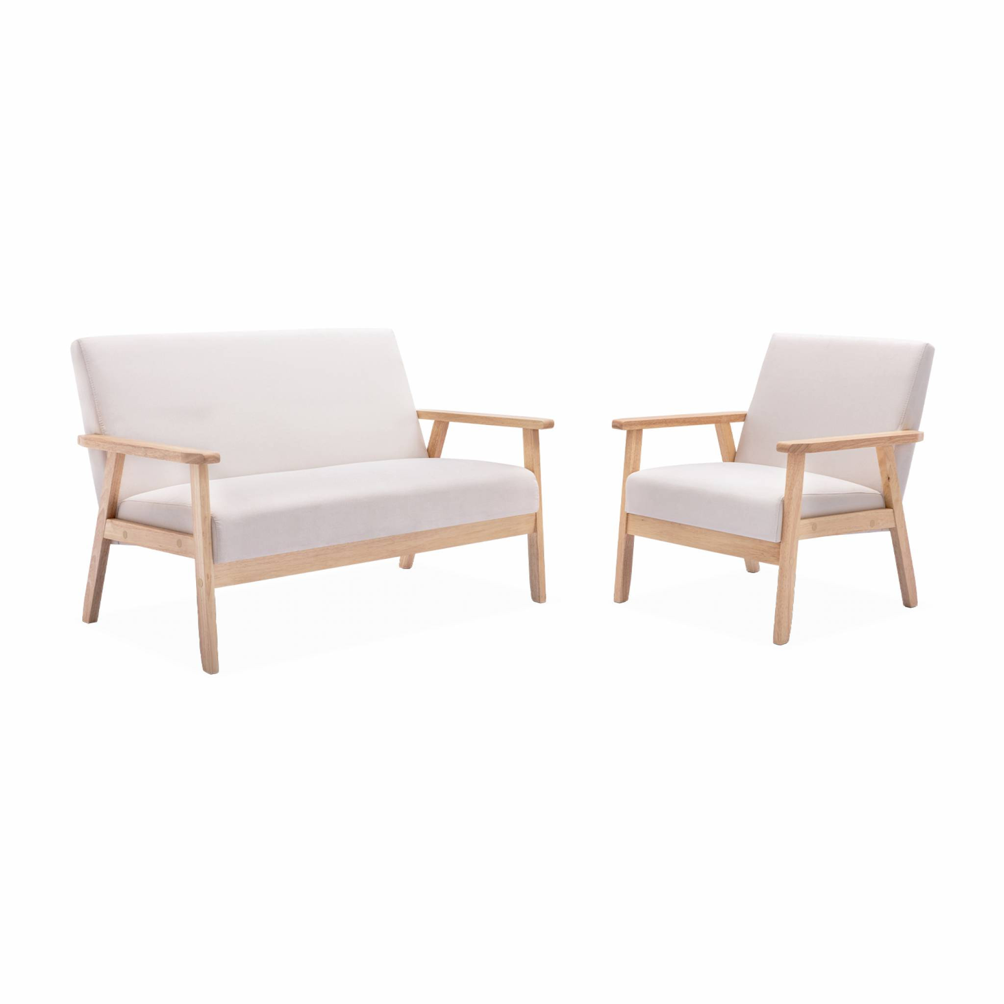 Banquette et fauteuil en bois et tissu crème. Isak. L 114 x l 69.5 x H 73cm