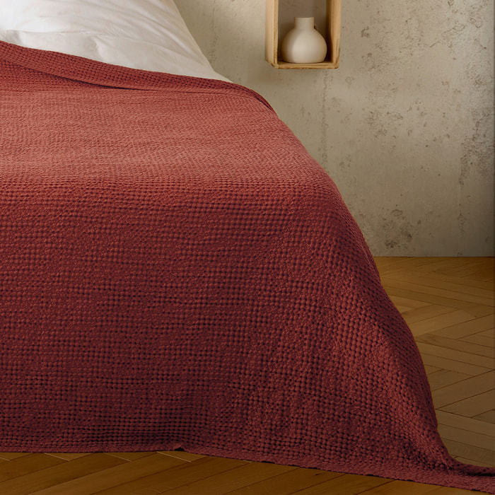 Plaid ou couvre lit 100%  coton nid d’abeille - Terracotta