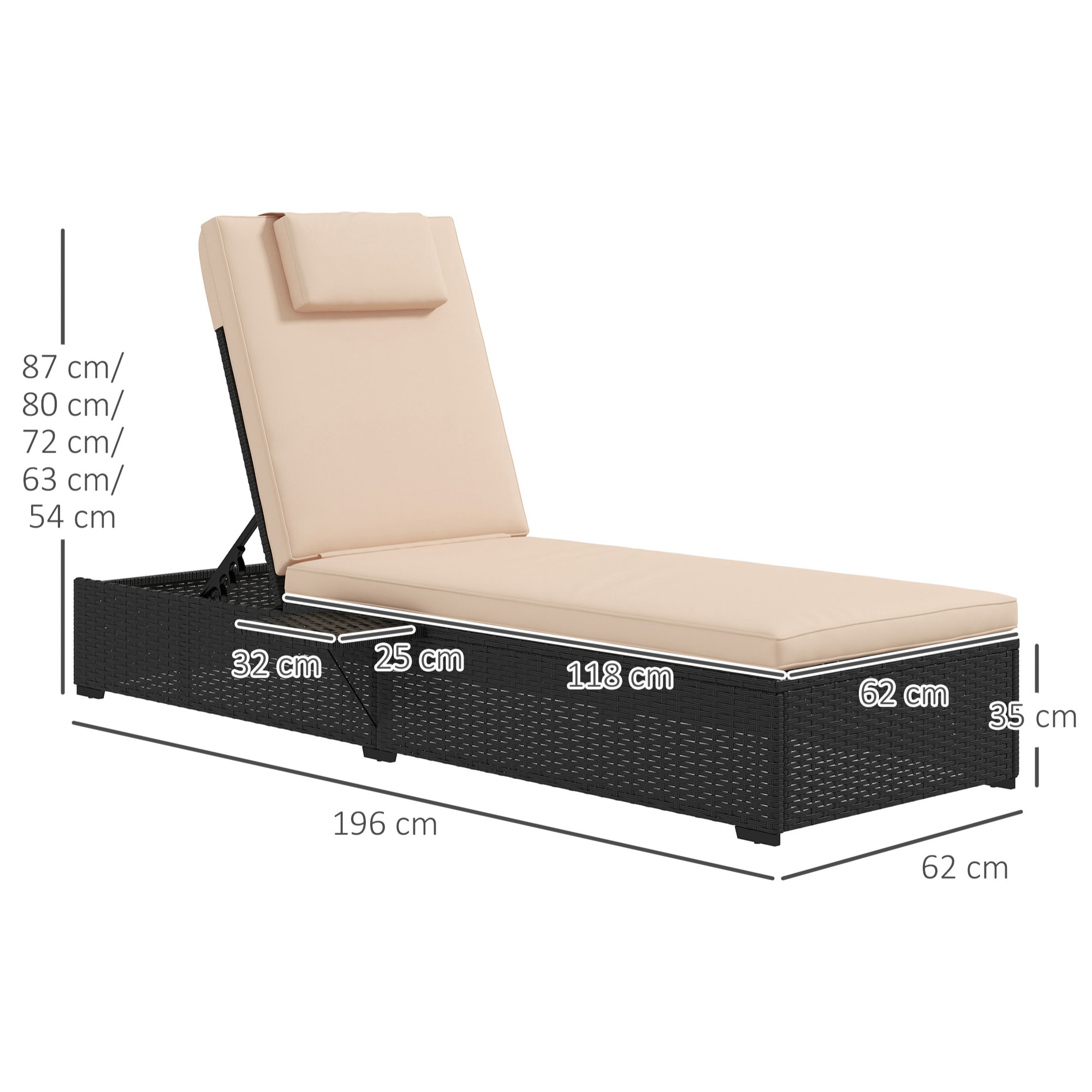 Tumbona de Ratán Reclinable Tumbona para Jardín con Respaldo Ajustable en 5 Niveles Mesita y Cojín Carga 120 kg para Patio Terraza Negro y Beige